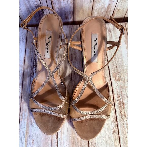 Nina Blossum Champagne Rhinestone Evening Sandals - 9.5 - Picture 2 of 8